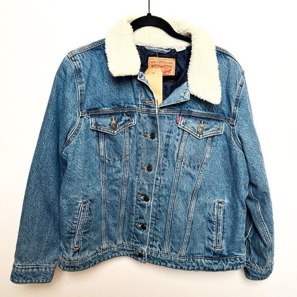 NWT Levi's Original Trucker Denim Jean Jacket Medium Wash Sherpa Lined Collar 1X - Picture 3 of 11